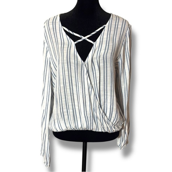 Charlotte Russe Navy and White Striped Wrap Criss Cross Front Detail Blouse - Picture 1 of 14